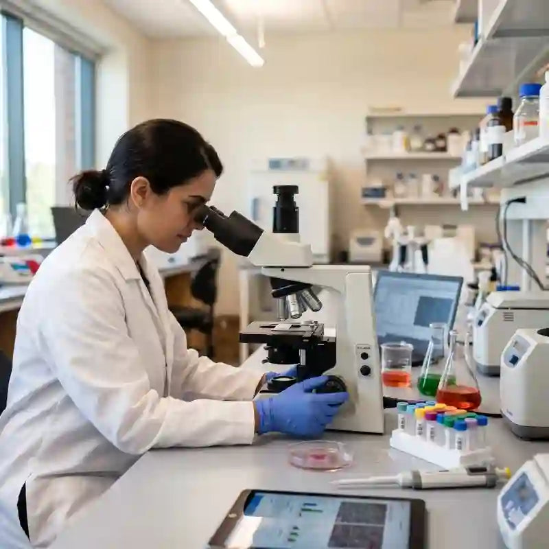 Une scientifique en laboratoire observe des échantillons au microscope pour analyser la présence de bactéries et de résidus chimiques.