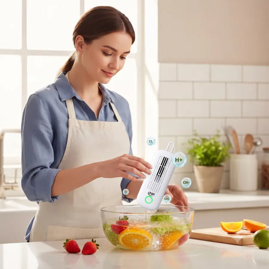 Femme utilisant le KSD Cleaner par électrolyse pour purifier fruits et légumes dans un bol d'eau en cuisine