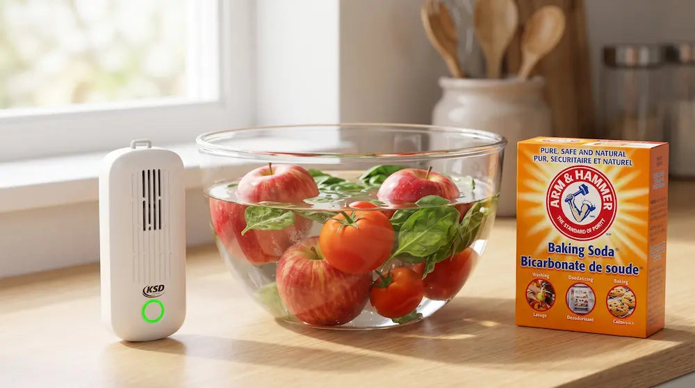 KSD Cleaner en mode Anti-Pesticides avec bicarbonate de soude pour réduire les résidus sur pommes, tomates et épinards