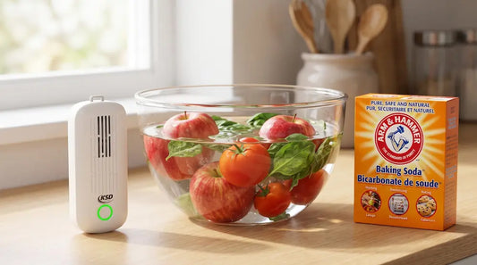KSD Cleaner en mode Anti-Pesticides avec bicarbonate de soude pour réduire les résidus sur pommes, tomates et épinards