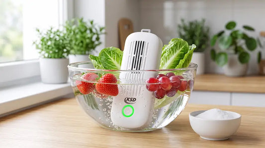 KSD Cleaner en mode Anti-Bactéries produisant de l'acide hypochloreux par électrolyse du sel pour assainir fraises, raisins et laitue