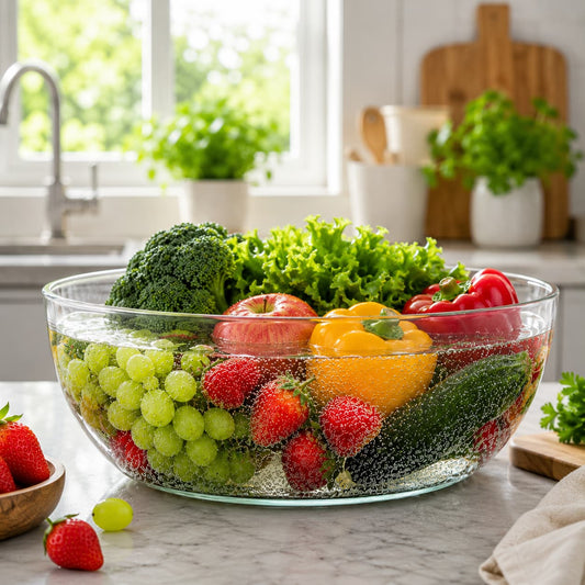 Bol en verre avec fruits et légumes variés dans l'eau — quelle est la meilleure façon de laver les fruits et légumes ?