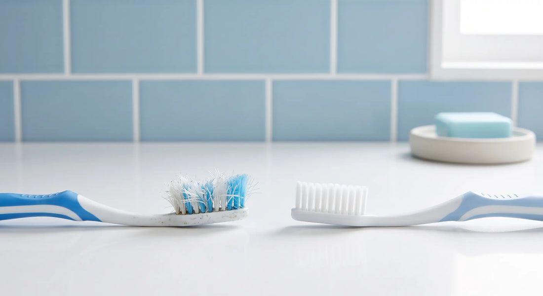 Brosse à dents usée avec poils évasés à côté d'une brosse neuve