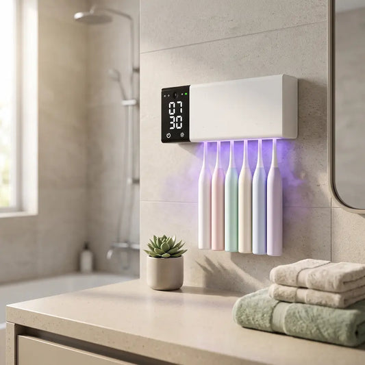 Stérilisateur UV blanc fixé au mur dans une salle de bain moderne, tenant plusieurs brosses à dents avec lumière UV-C active