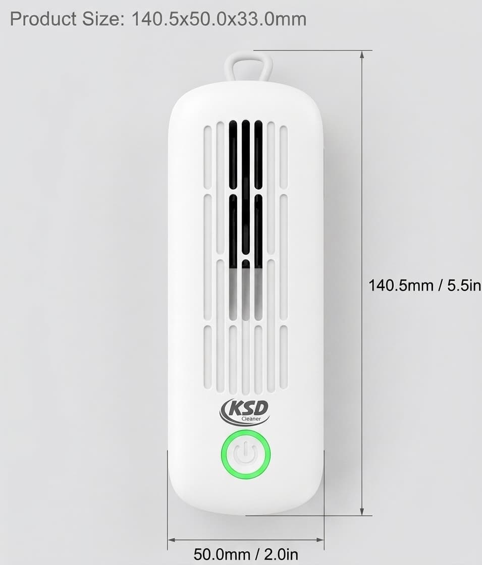 KSD Cleaner fruit and vegetable purifier with dimensions: 140.5mm height (5.5 in) and 50mm width (2 in), green power button and electrolysis grids visible
