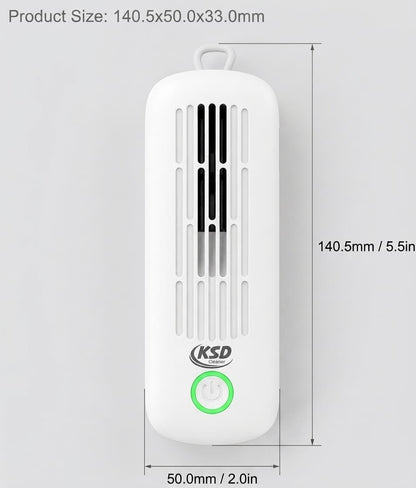 KSD Cleaner fruit and vegetable purifier with dimensions: 140.5mm height (5.5 in) and 50mm width (2 in), green power button and electrolysis grids visible