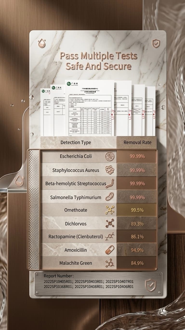 KSD Cleaner laboratory test results: 99.99% elimination rate for E. coli, Staphylococcus aureus, Streptococcus and Salmonella, and up to 99.5% for pesticides such as omethoate, certified by official reports