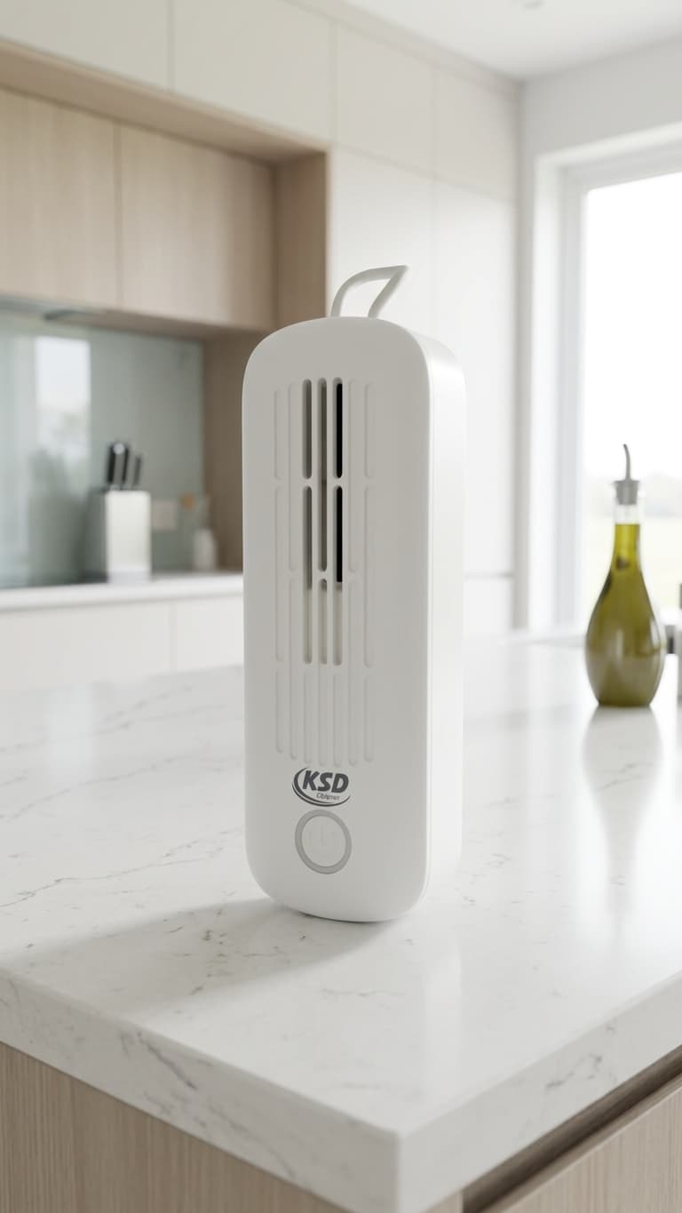 KSD Cleaner fruit and vegetable purifier placed on a white marble kitchen island, in a modern kitchen with light natural wood cabinets and a green glass olive oil bottle