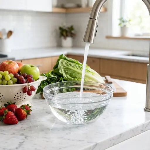 Remplissage d'un bol d'eau du robinet pour préparer le nettoyage avec KSD Cleaner
