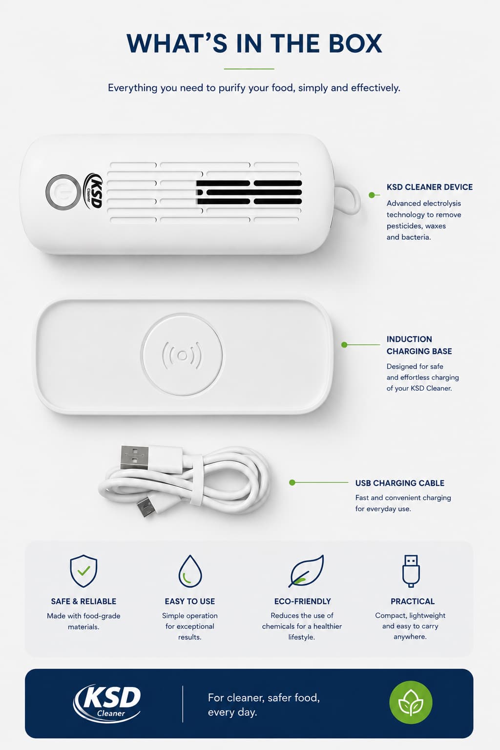 KSD Cleaner food purifier device with induction charging base and USB cable - removes pesticides and bacteria from fruits and vegetables