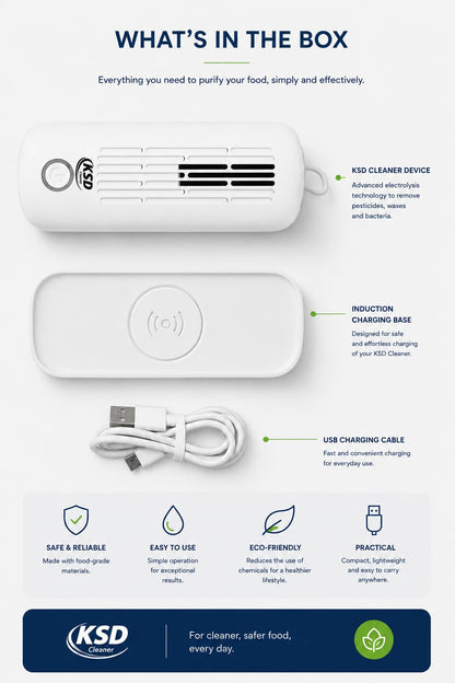 KSD Cleaner food purifier device with induction charging base and USB cable - removes pesticides and bacteria from fruits and vegetables